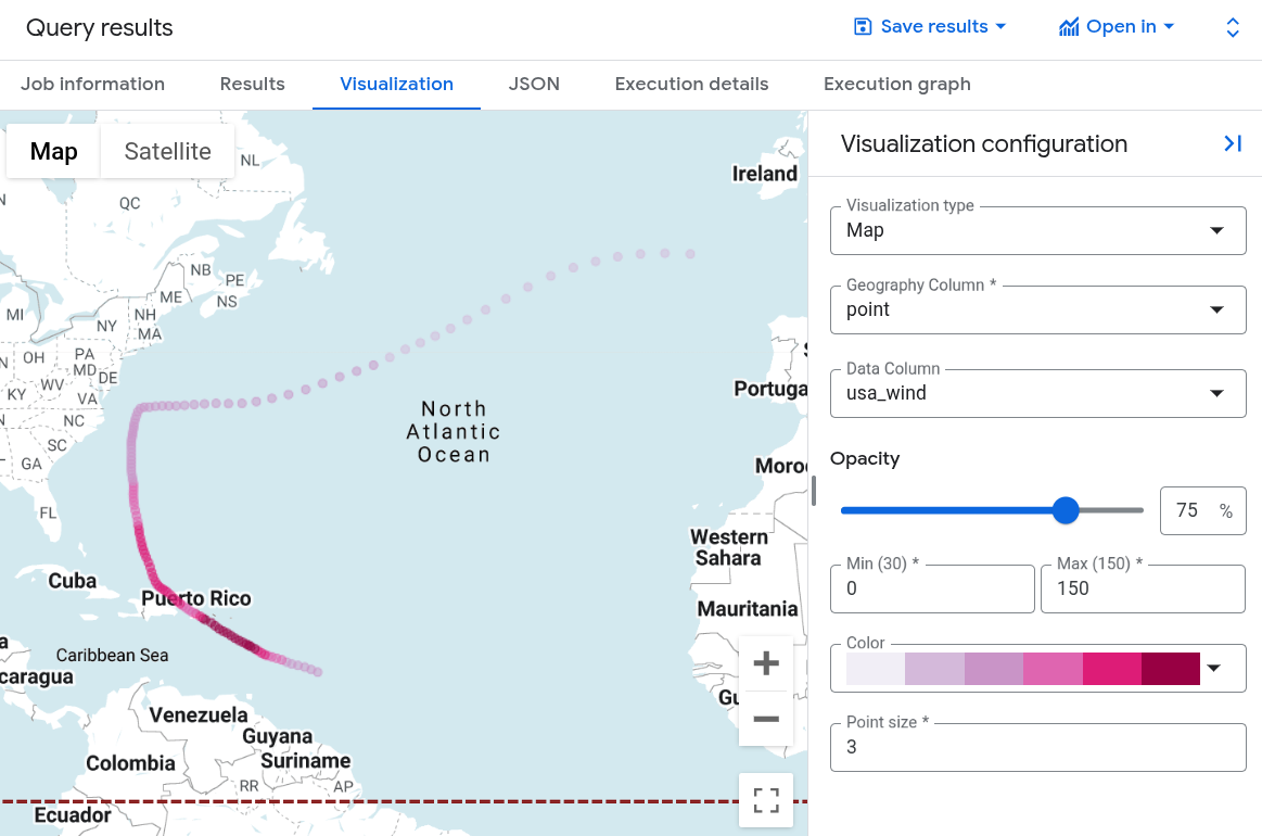 在 BigQuery 中以視覺化方式呈現瑪莉亞颶風查詢結果