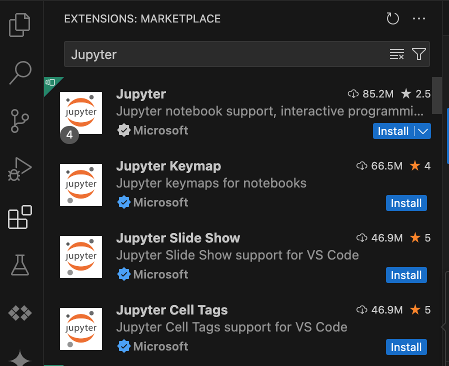 Una lista de extensiones de Jupyter en la consola de VS Code.