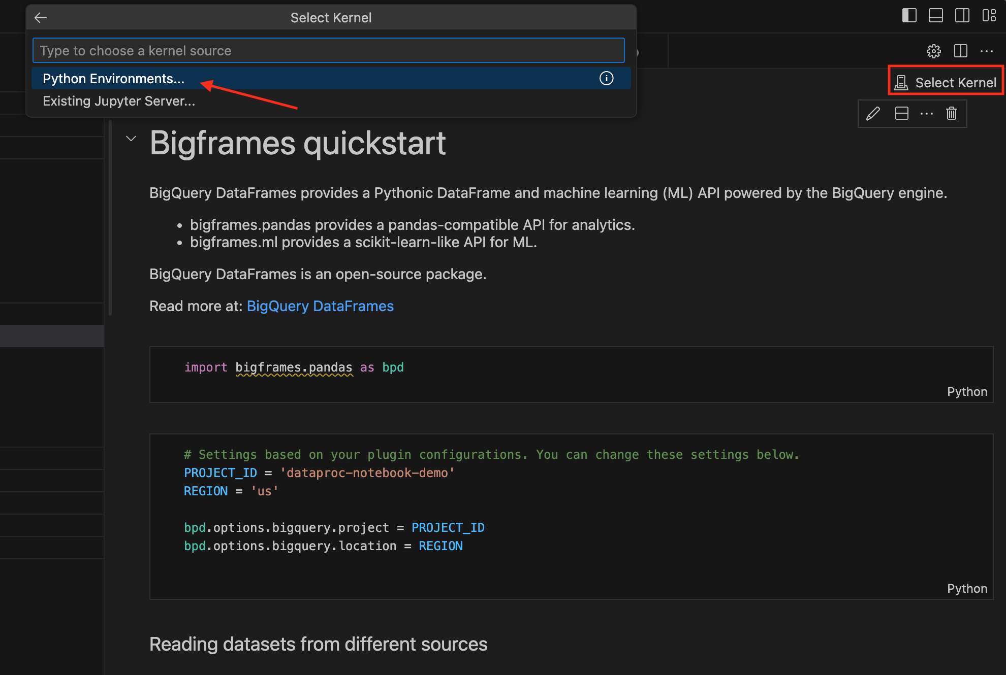 Interfaz de selección de kernel en la consola de VS Code.