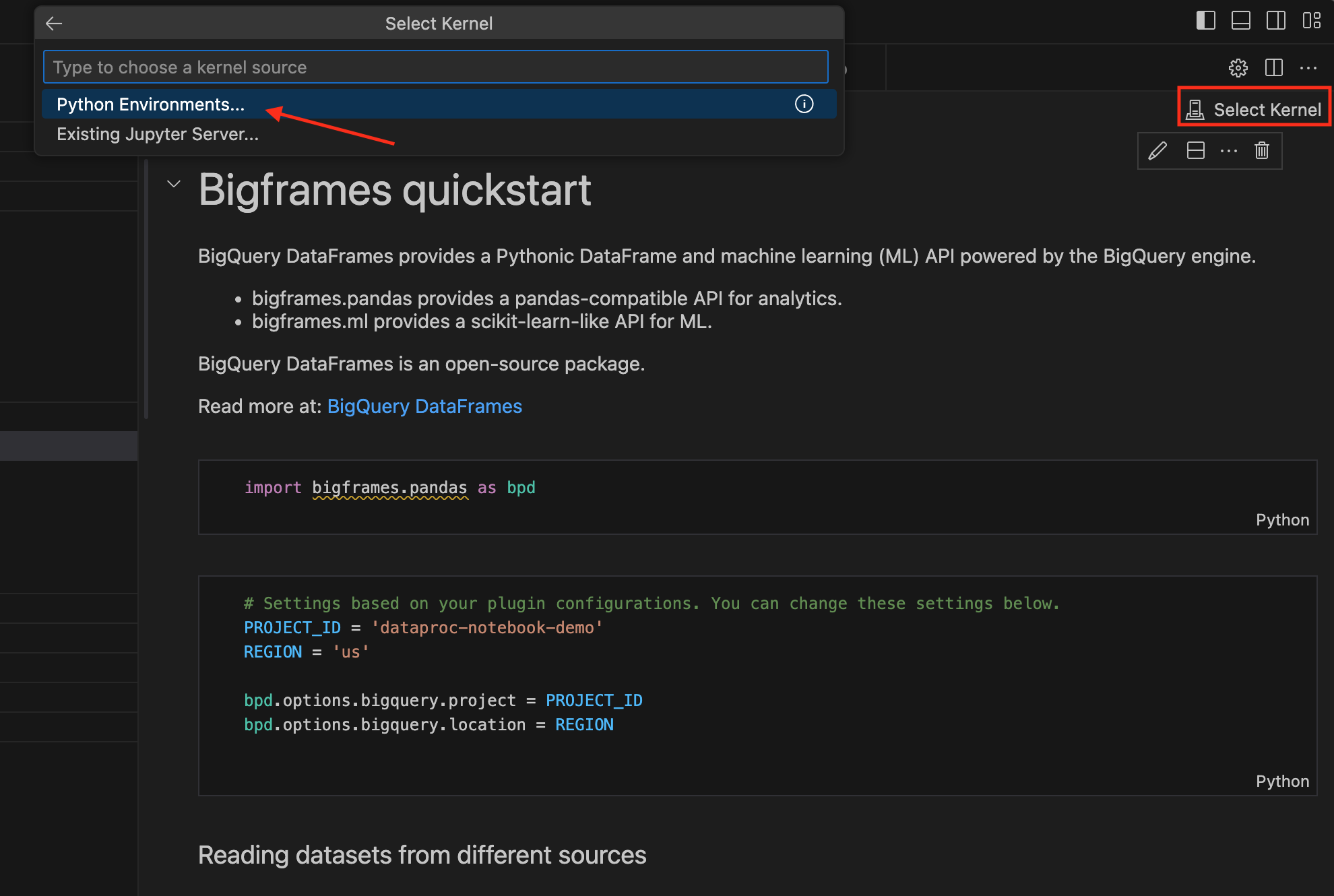 La interfaz de kernel seleccionada en la consola de VS Code.