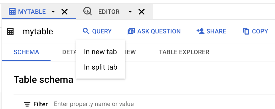 Opsi untuk membuat kueri tabel di tab baru atau pemisahan.