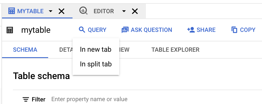 Options permettant d&#39;interroger une table dans un nouvel onglet ou dans un onglet divisé.