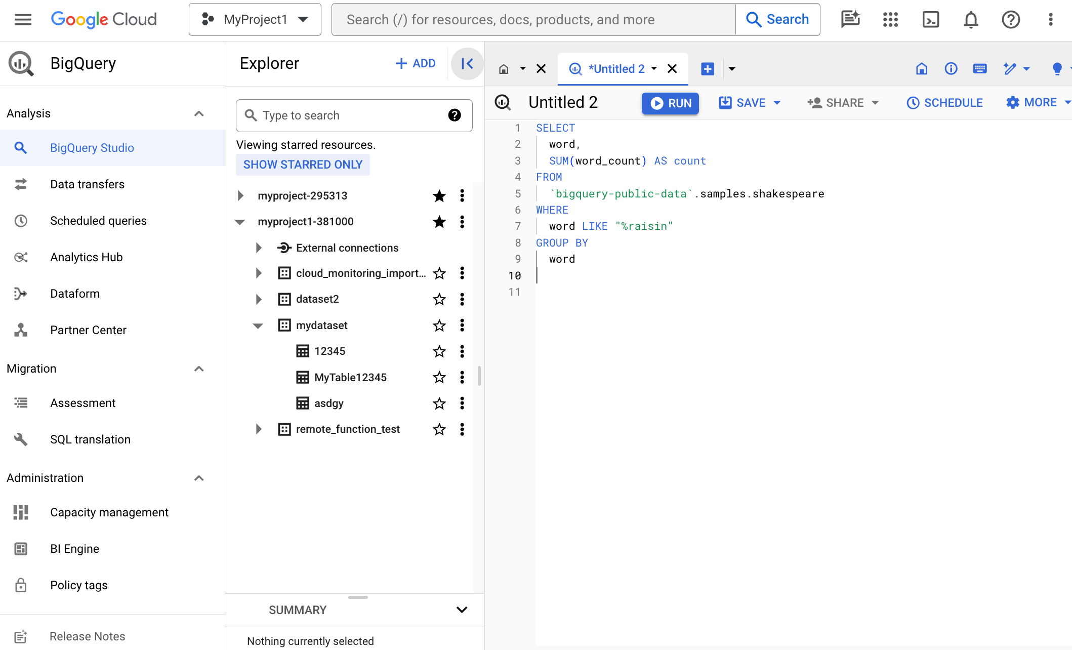 Three sections of the BigQuery page.