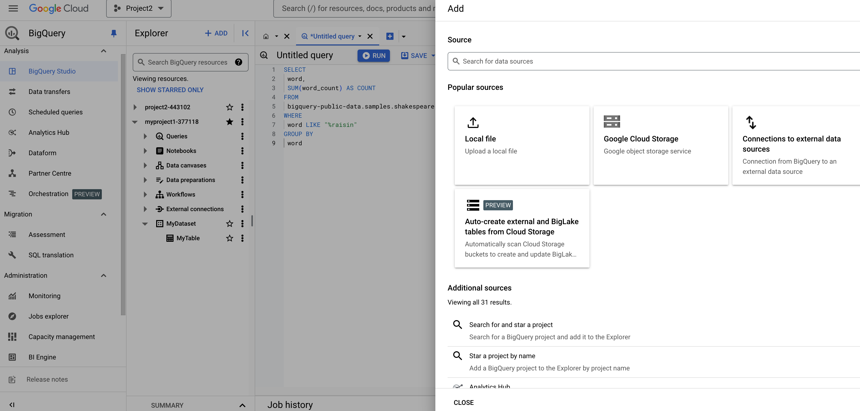 Sections principales de la page BigQuery.