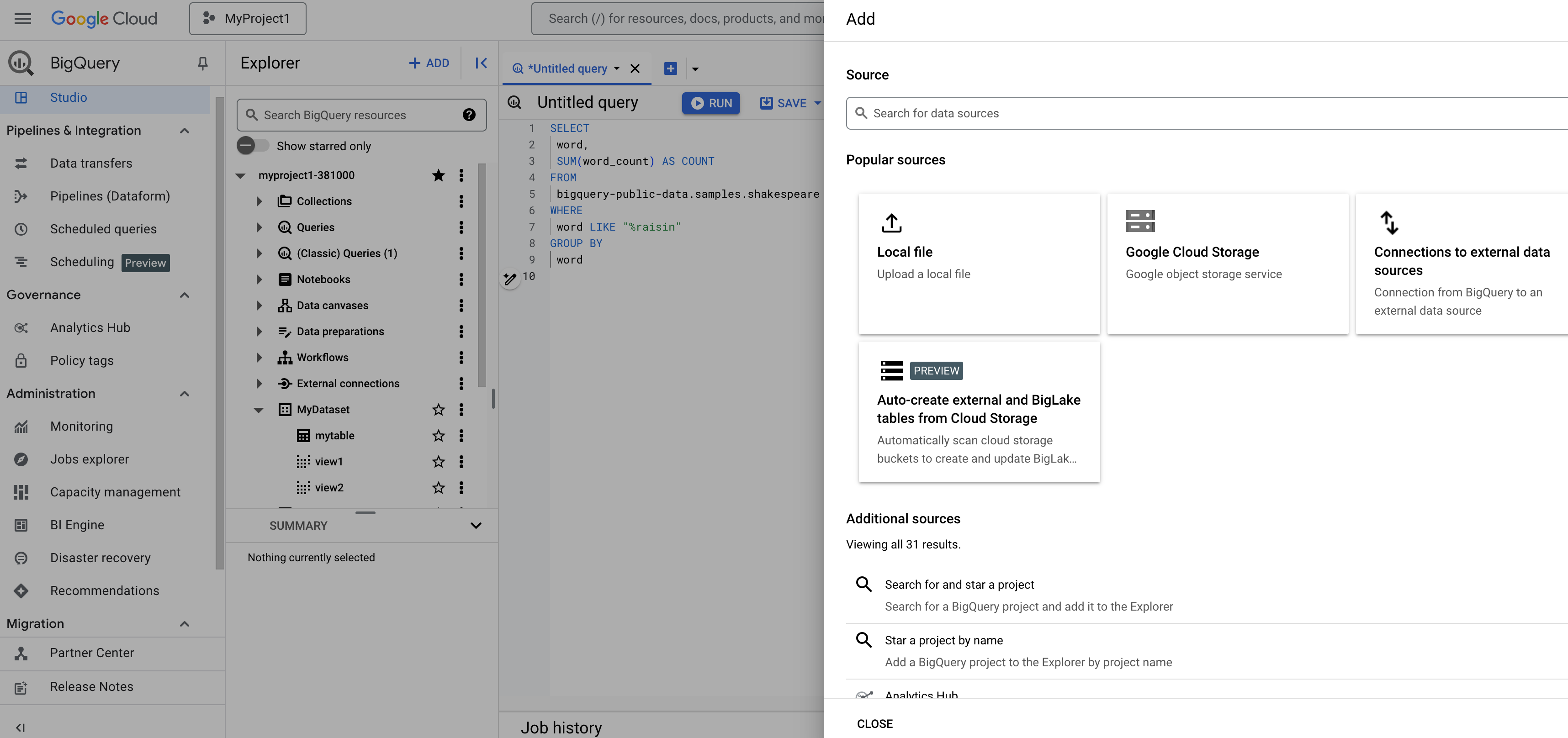 Tre sezioni della pagina di BigQuery.