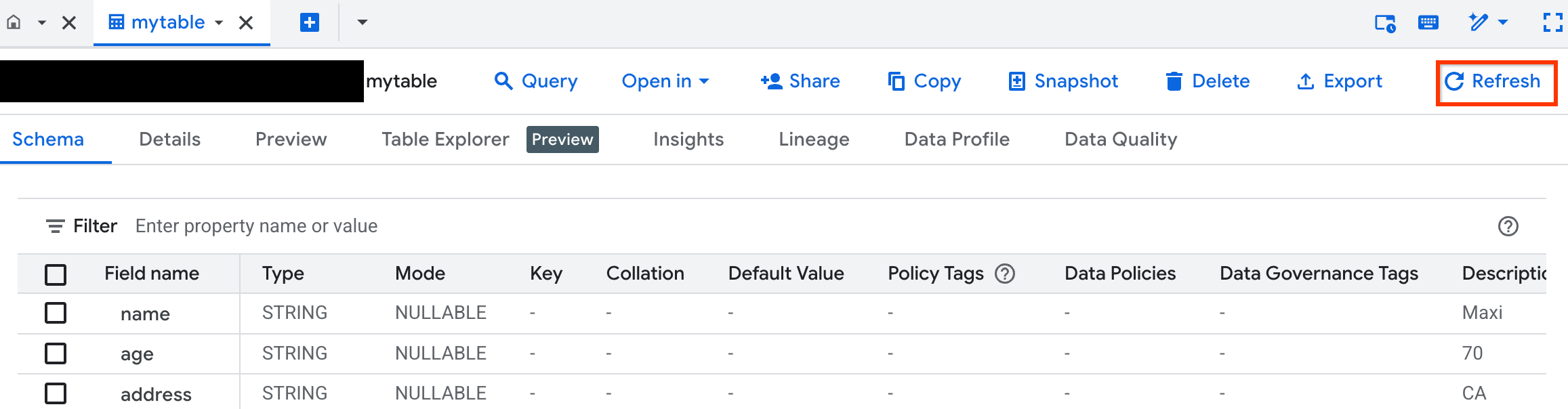 Tab in the details pane shows options to share, copy, or delete a table.