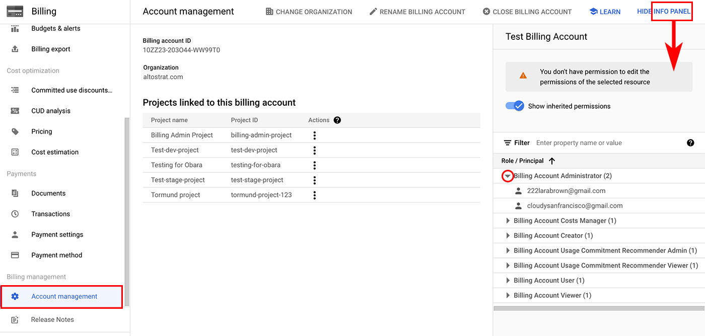 Page de gestion des comptes affichant le panneau d&#39;informations.