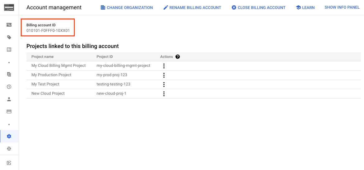 Exemple de page &quot;Gestion des comptes&quot; indiquant l&#39;ID du compte de facturation.