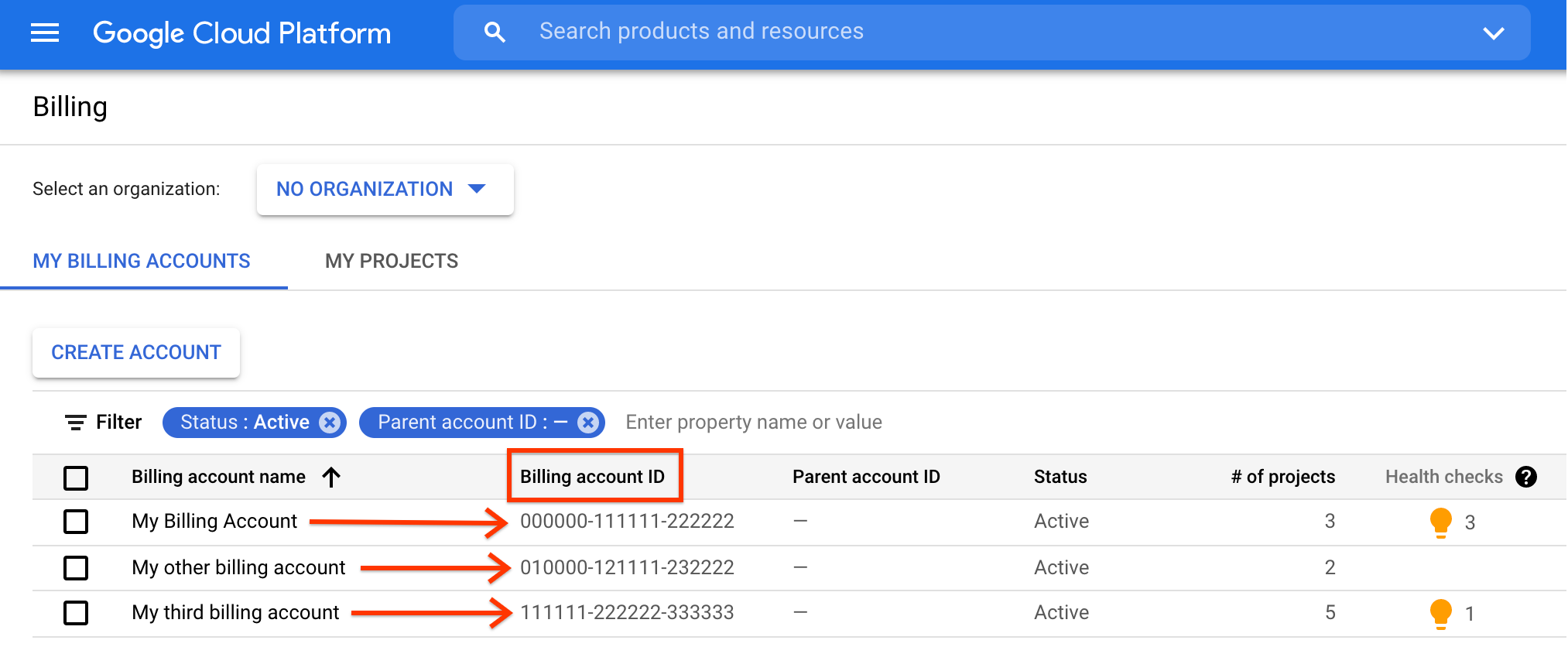 Capture d'écran de la page Manage billing accounts (Gérer les comptes de facturation) indiquant l'emplacement de l'ID de compte de facturation.