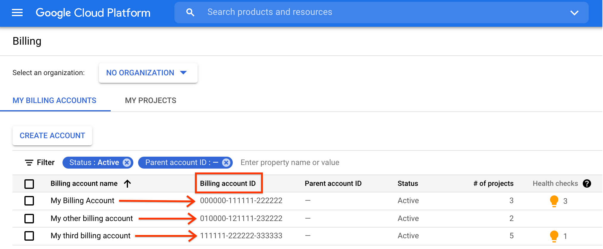 Capture d&#39;écran de la page Manage billing accounts (Gérer les comptes de facturation) indiquant l&#39;emplacement de l&#39;ID de compte de facturation.