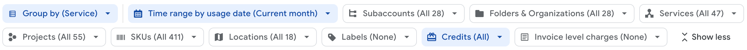 过滤条件图块中的各种过滤条件选择器。