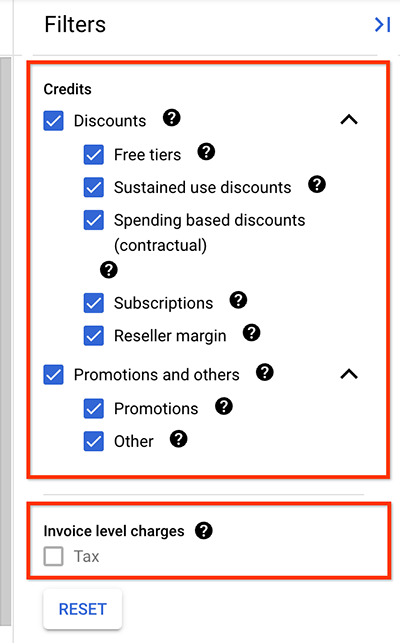 Setting the credits and invoice-level charges filters in the filters panel.