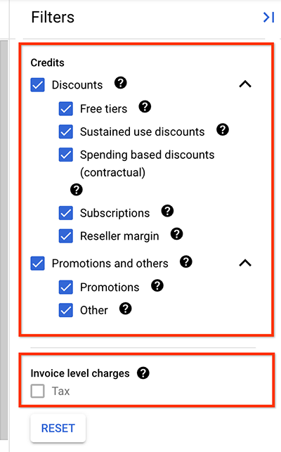 Como definir os filtros de créditos e de cobranças no nível da fatura no painel &quot;Filtros&quot;.