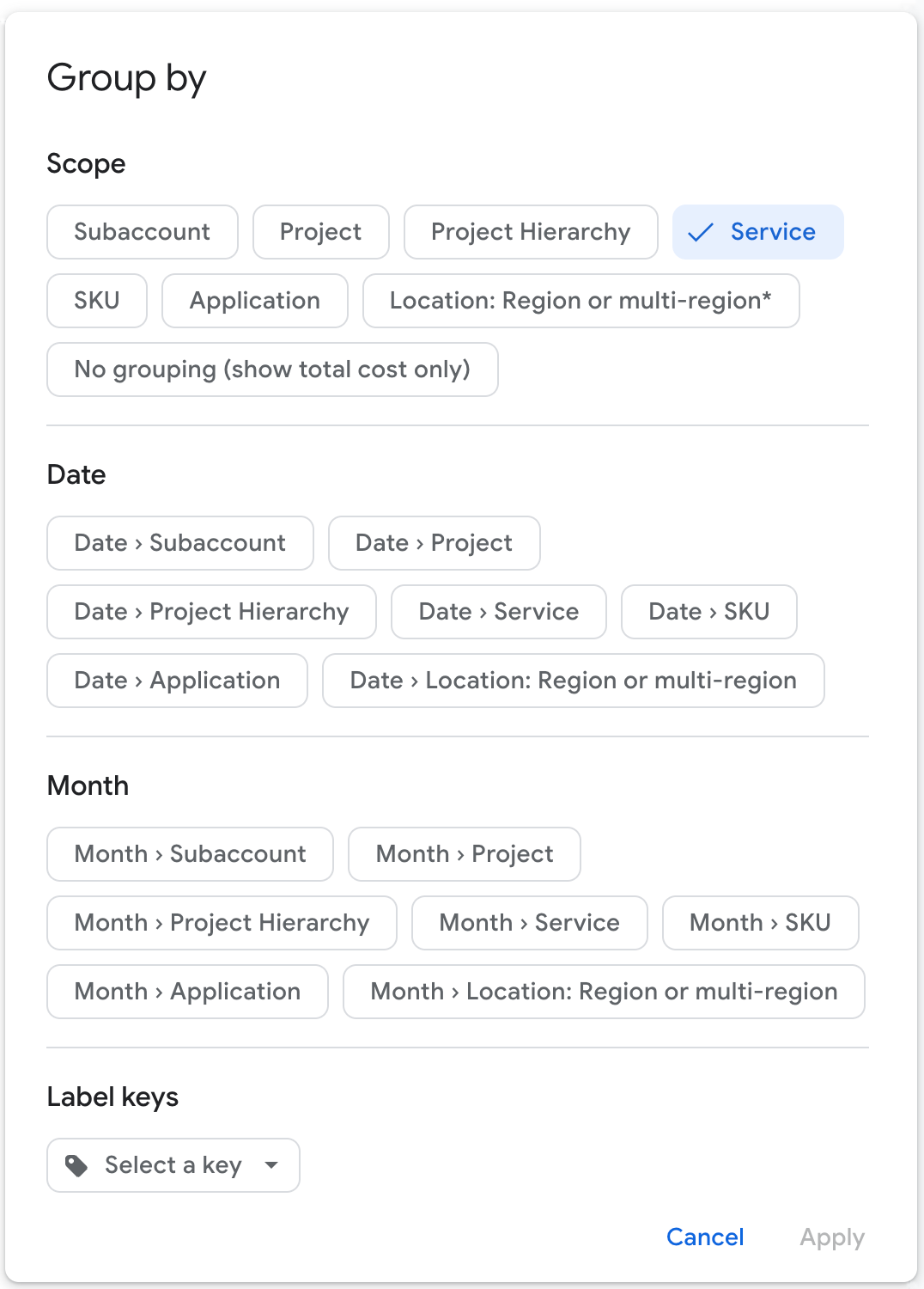 Configuración del filtro Agrupar por.