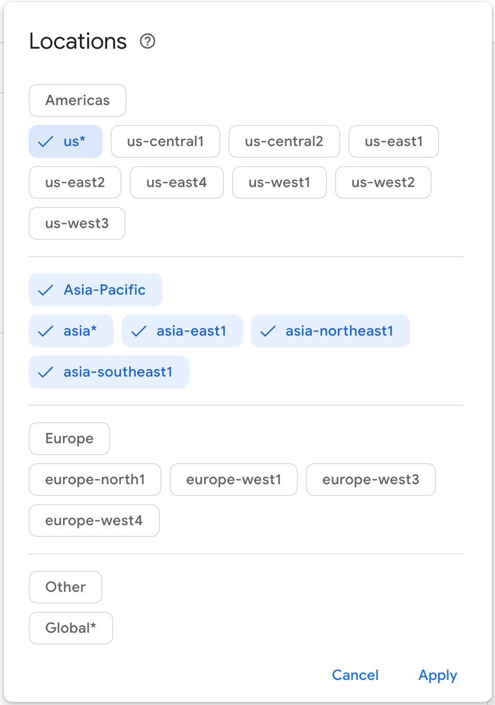 Configuring the Locations filter.