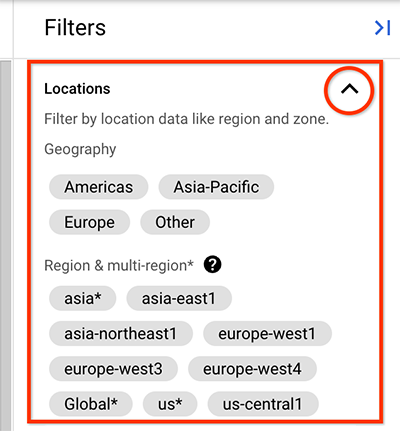 Paramétrage des filtres de localisation dans le panneau des filtres.