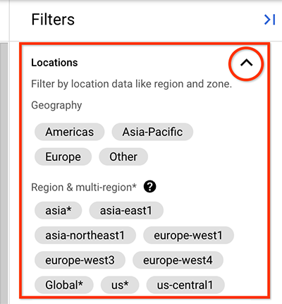 Setting the Locations filters in the filters panel.