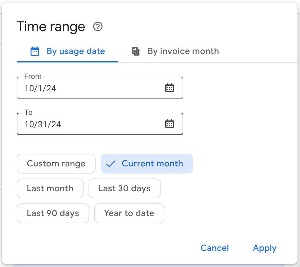 Configuring the Time range filter.