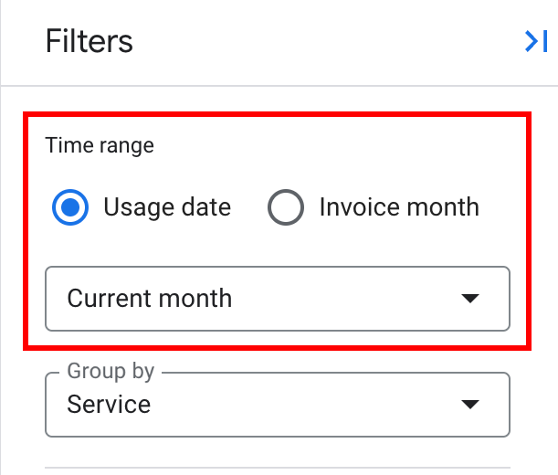 The report's time range setting in the filters panel.