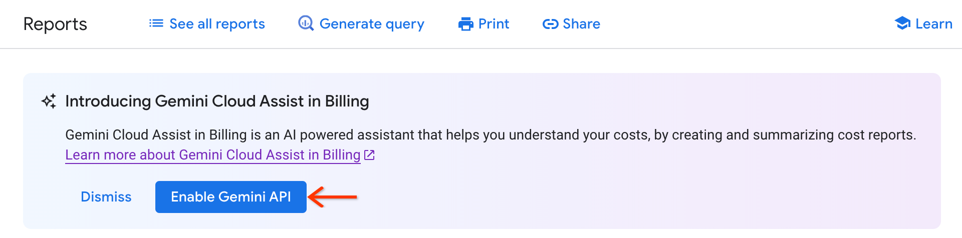 Gemini Cloud Assist in Cloud Billing 尚未啟用，因此無法用於帳單報表。