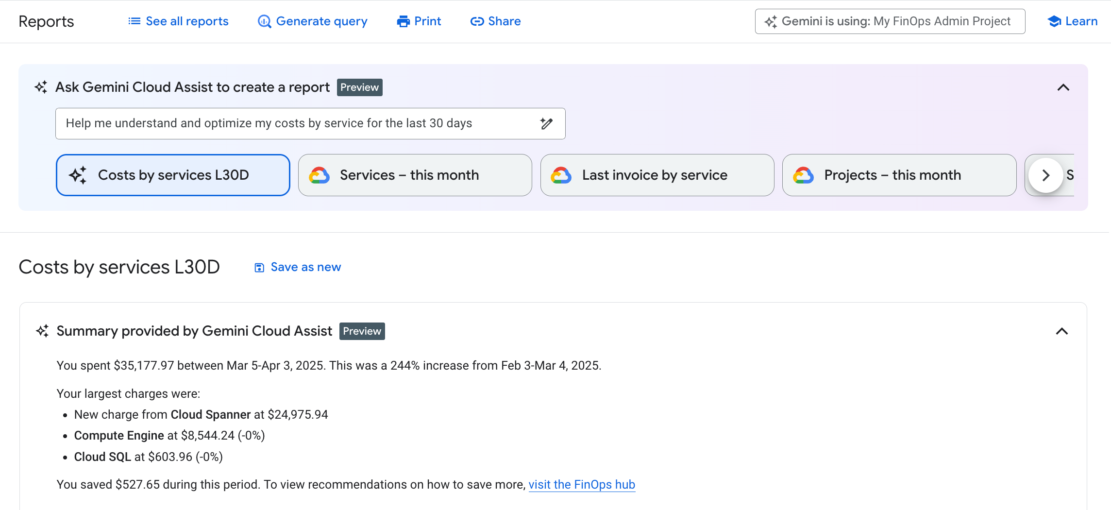 啟用 Cloud Billing 中的 Gemini Cloud Assist 功能，即可在帳單報表中使用。