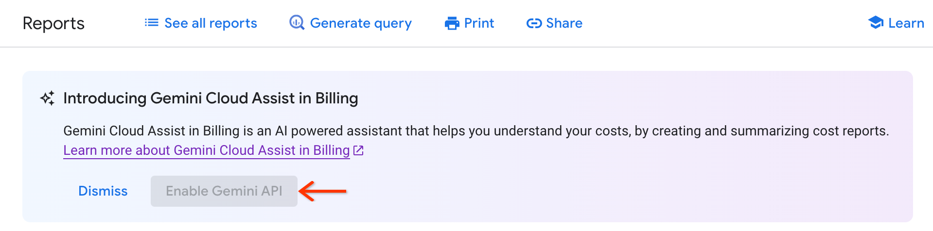 Gemini Cloud Assist in Cloud Billing 未啟用，無法用於帳單報表。