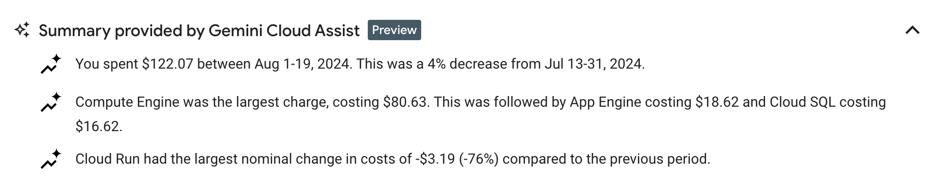 Example of a report summary provided by Gemini Cloud Assist.