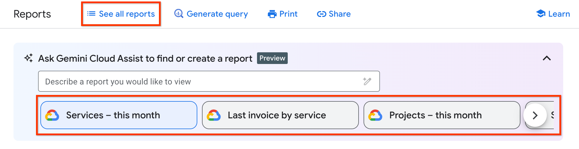 Carrossel de relatórios predefinidos e salvos, para selecionar rapidamente as configurações de filtros.