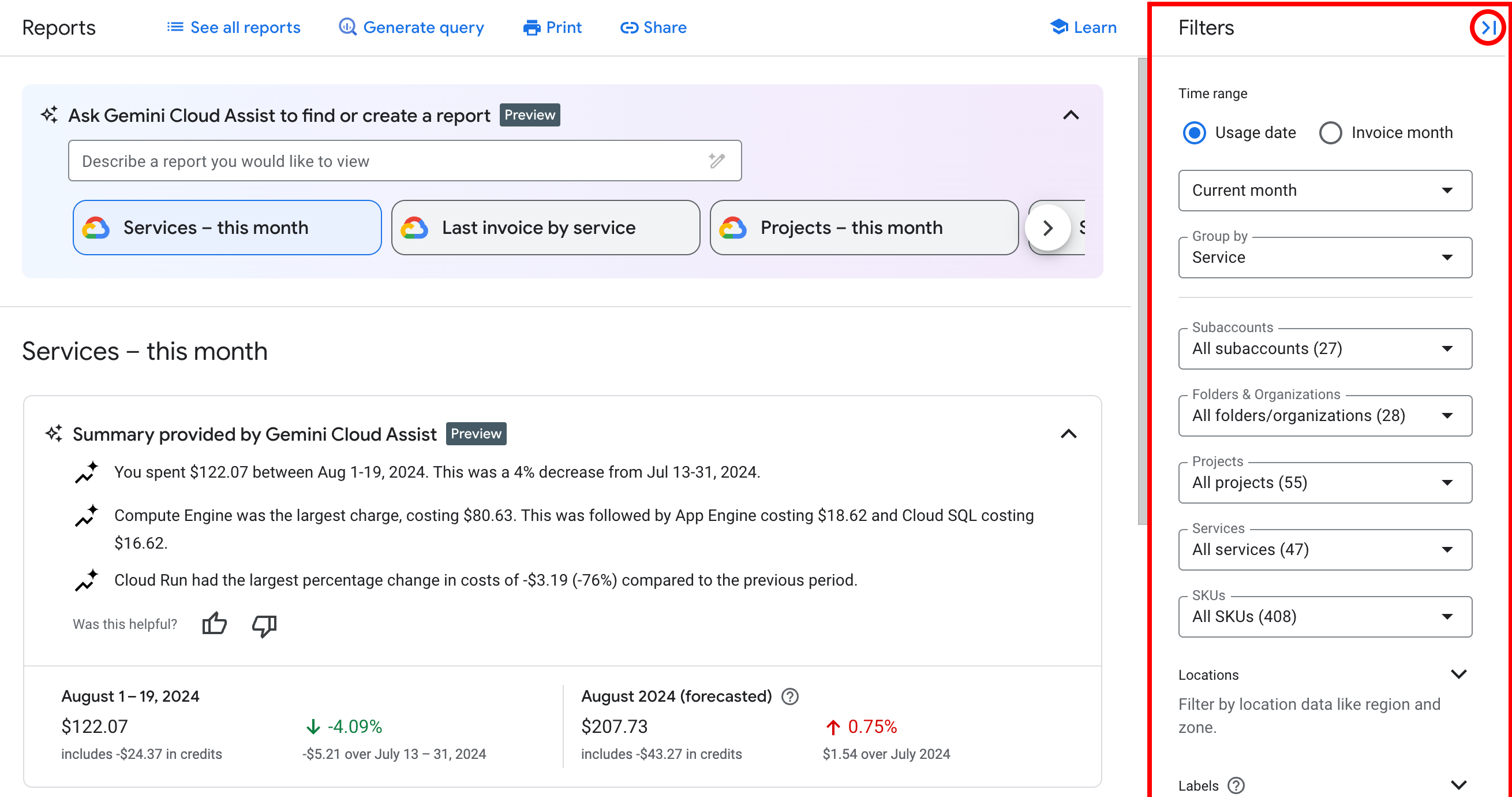 Example of the reports page, showing the report filters in the Filters
       panel to the right of the report.