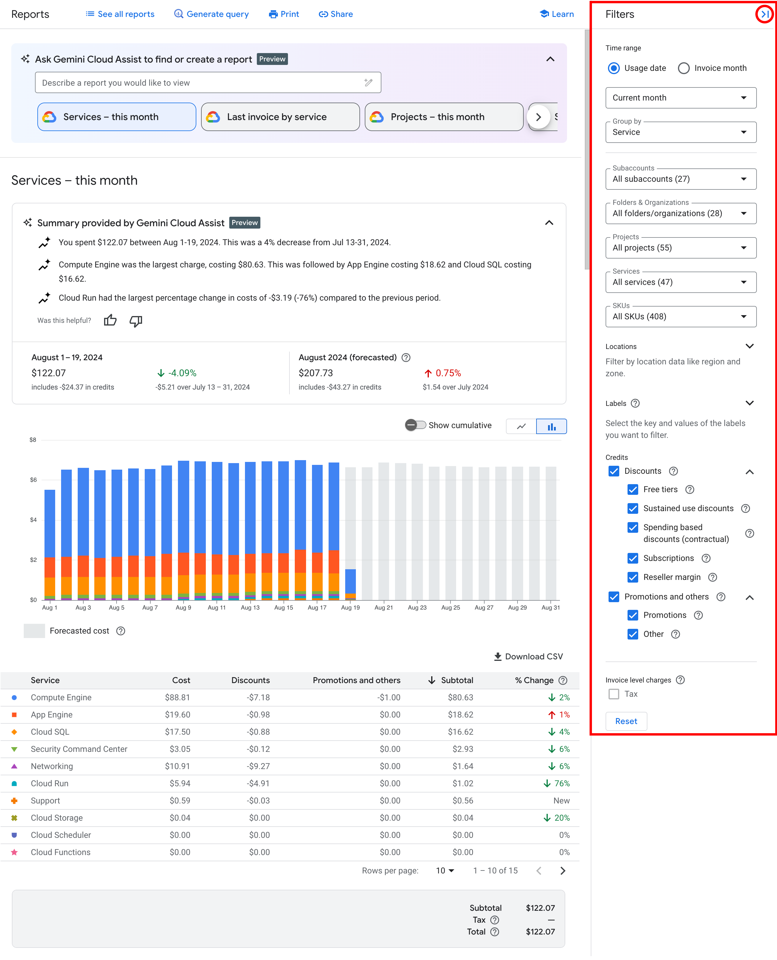 Options de regroupement et de filtrage dans la page des rapports