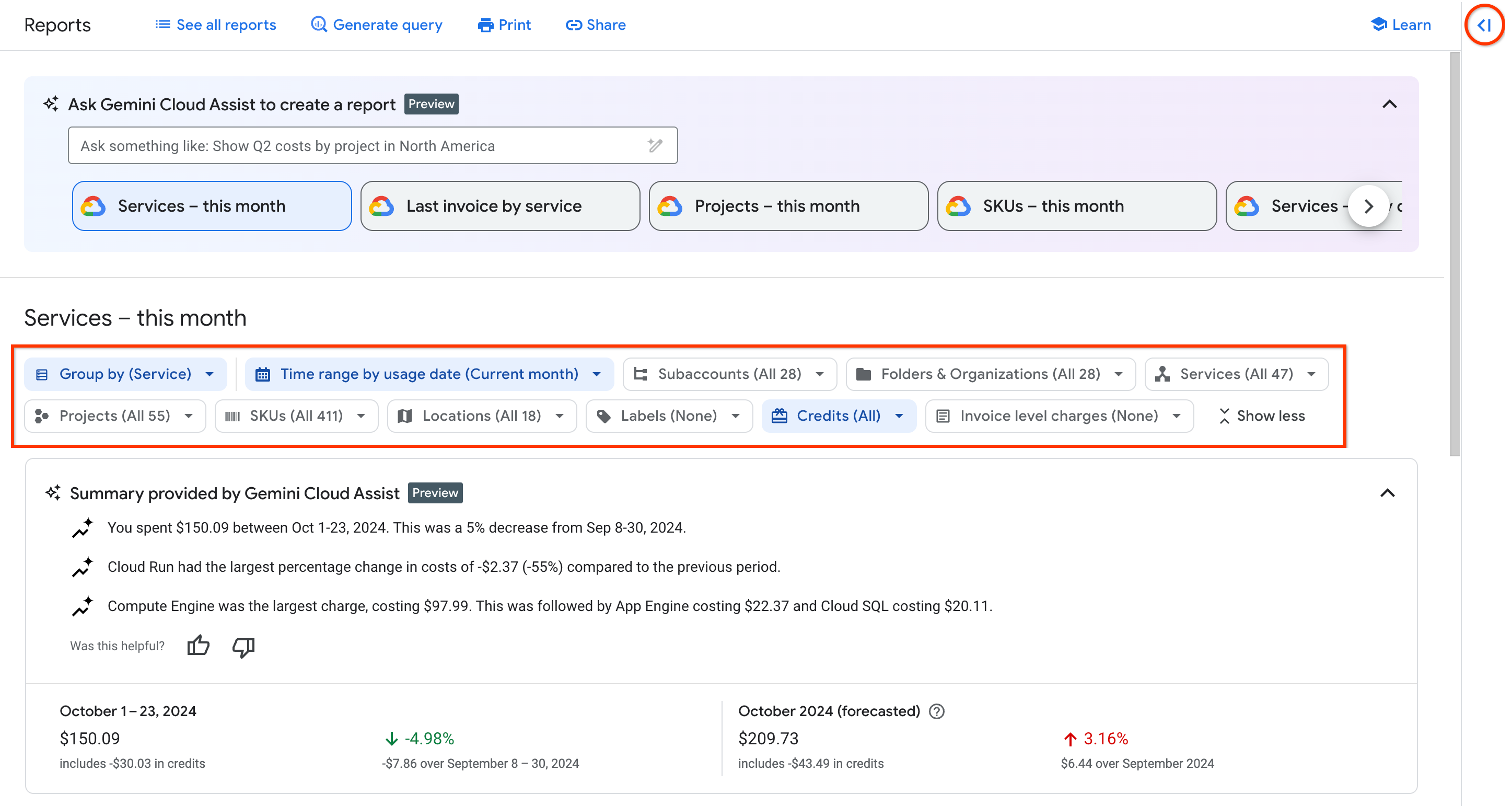 Exemplo da página de relatórios, mostrando os filtros em uma barra horizontal acima do relatório.