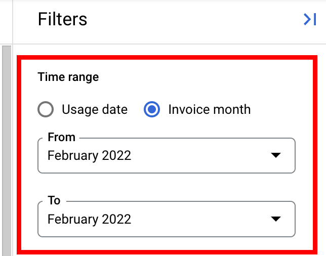 Muestra la configuración del intervalo de tiempo del informe en el panel de filtros, con opciones para seleccionar la fecha de uso o el mes de facturación.