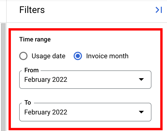 A configuração de período do relatório no painel de filtros.