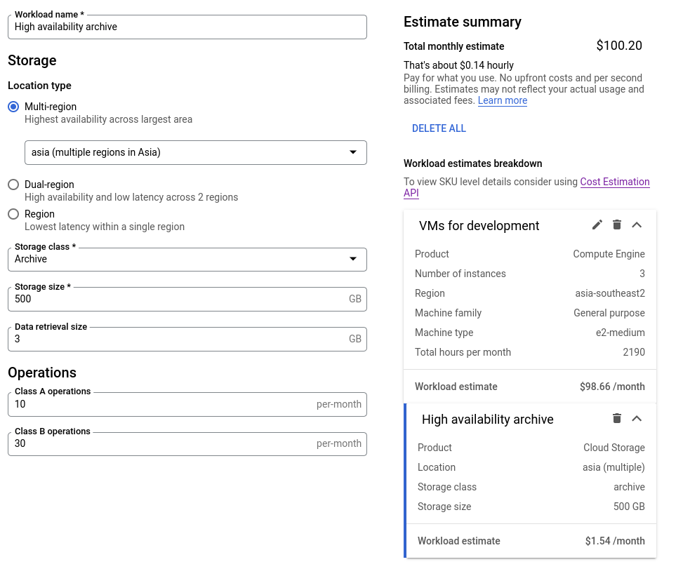 Example cost estimate