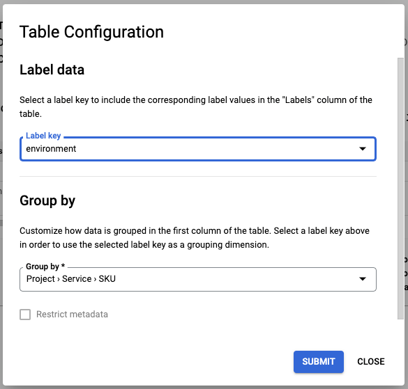Table configuration dialog.