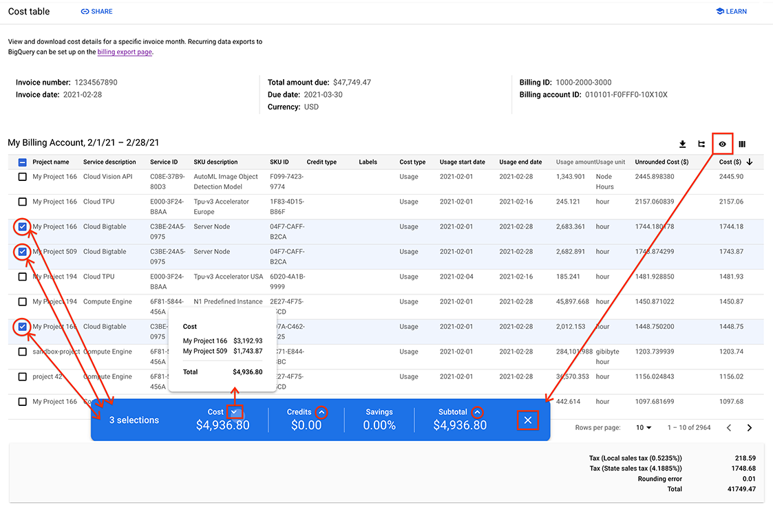 Example of a cost table report displaying the summary bar.