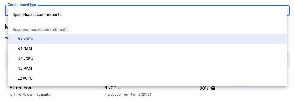 承諾使用折扣分析報表中的使用承諾類型範例。