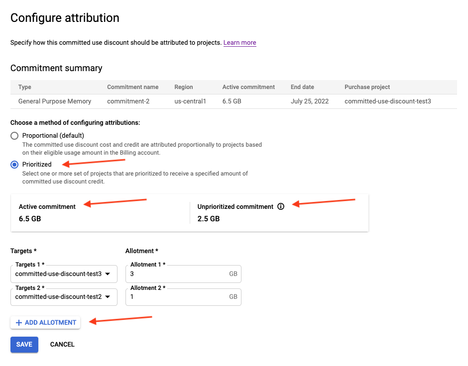 Ejemplo de configuración de la atribución priorizada para un compromiso basado en recursos.