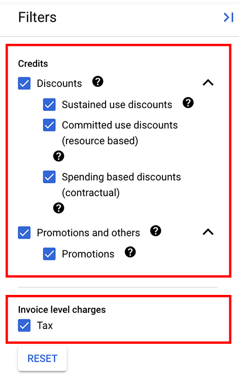 Setting the credits and invoice-level charges filters in the filters panel.