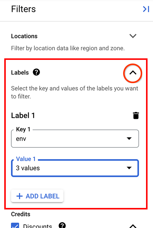 הגדרת המסננים של Labels בחלונית המסננים.
