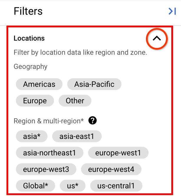 Setting the Locations filters in the filters panel.