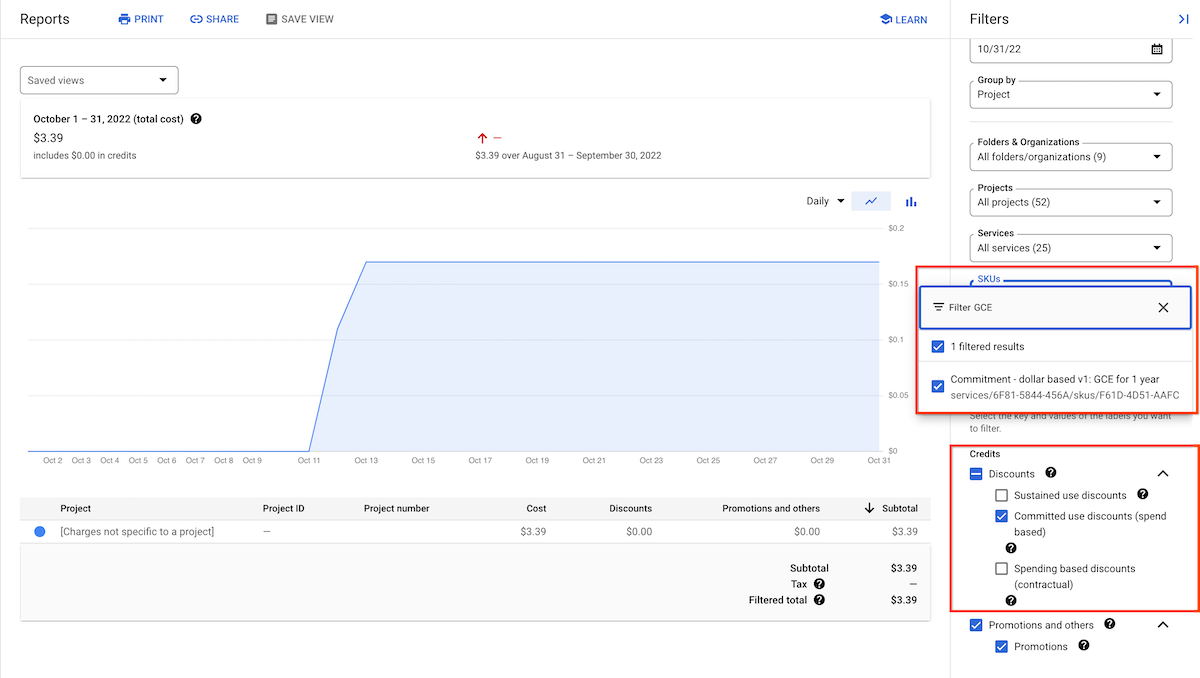 注釈付きの確約利用割引の費用レポートの例。「Commitment - dollar based」の SKU フィルタ結果と [クレジット] の選択が表示されています。