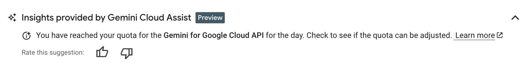 Gemini Cloud Assist API 已達到 Gemini 專案的每日權杖配額。