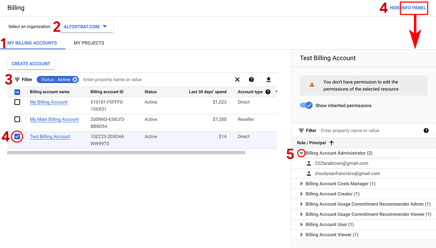 My Billing Accounts page showing the Info panel.