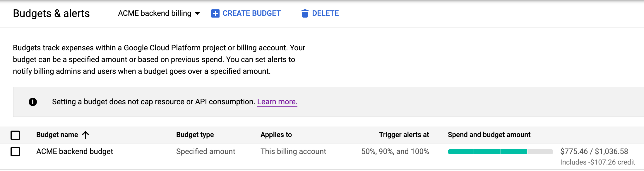 Google Cloud 콘솔에서 Cloud Billing 알림 목록을 표시합니다.