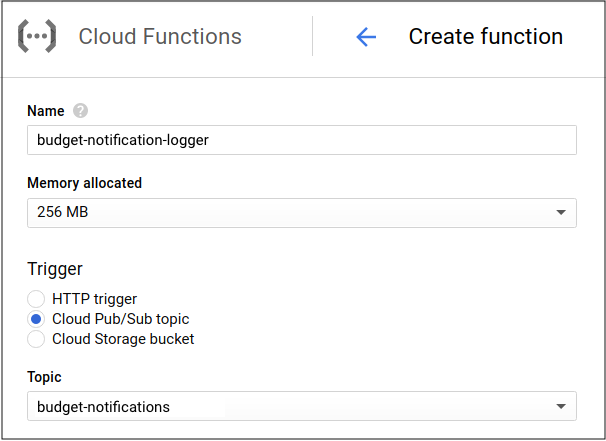 Die Seite „Funktion erstellen“ im Bereich „Cloud Run-Funktionen“ der Console von Google Cloud . Sie enthält den Funktionsnamen, die Menge des zugewiesenen Speichers, die Art des Triggers und das Pub/Sub-Thema, das Sie für Ihr Budget konfiguriert haben.