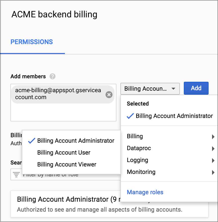 Die Abbildung zeigt, wo im Bereich „Berechtigungen“ der Google Cloud Console der Name des Dienstkontos und die Rolle „Rechnungskontoadministrator“ ausgewählt werden.