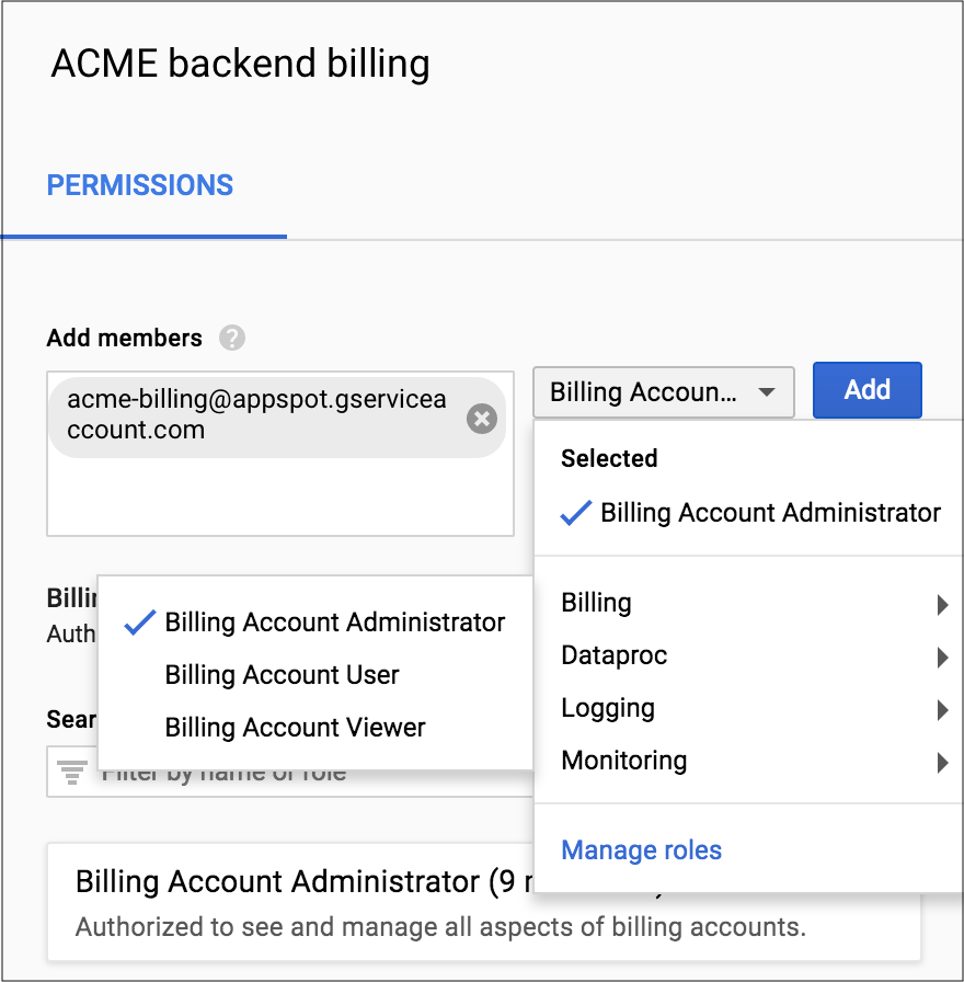Veja onde selecionar o nome da conta de serviço e a função de administrador da conta de faturamento na seção &quot;Permissões&quot; do Console do Google Cloud.