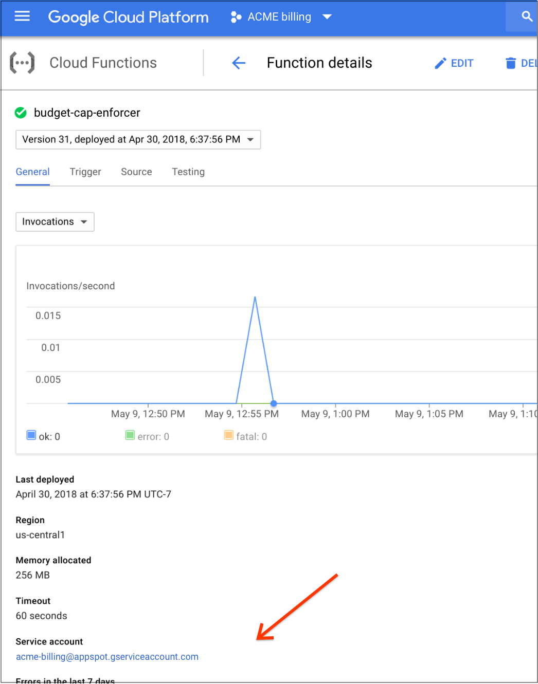 Shows where the service account information can be found in the
         Cloud Function section of the Google Cloud console.