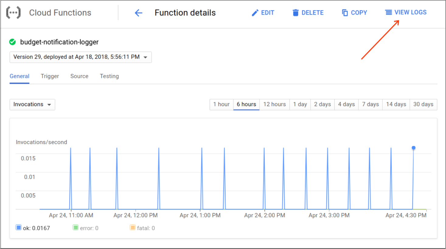Se muestra dónde puedes encontrar la sección View logs (Ver registros) en la pantalla y la lista de eventos de la función de Cloud Functions en la consola de Google Cloud.